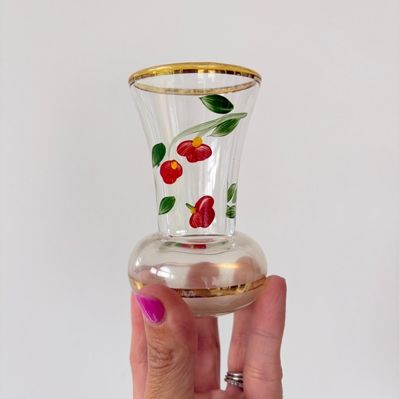 Other - Vintage Hand Painted Floral Glass Bud Vase Red Flowers Gold Rim 3.75 Inch